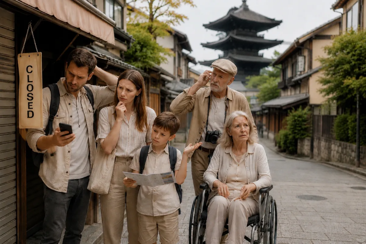 A family with a child, grandfather and a grandmother in a wheelchair looking unsure in front of a closed shop on a Japanese street.