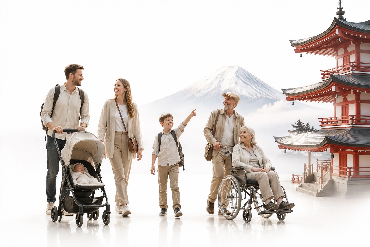 A multigenerational family — including a baby in a stroller and a grandmother in a wheelchair — walking together with Mt. Fuji and a vermilion Japanese pagoda in the background